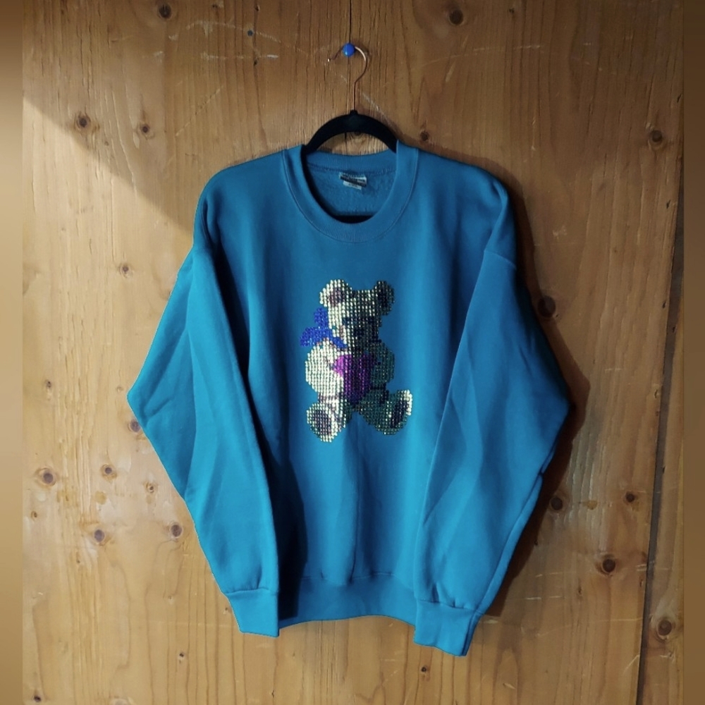 STURDY SWEATS By Lee Vintage Cotton Blend Turquoise Sequin Teddy Bear Sweatshirt